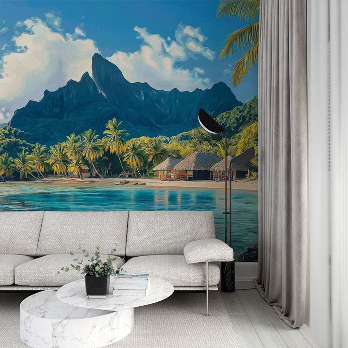 Ταπετσαρία τοιχογραφίας τροπικό τοπίο | Παραδεισένια παραλία με φοίνικες και βουνά