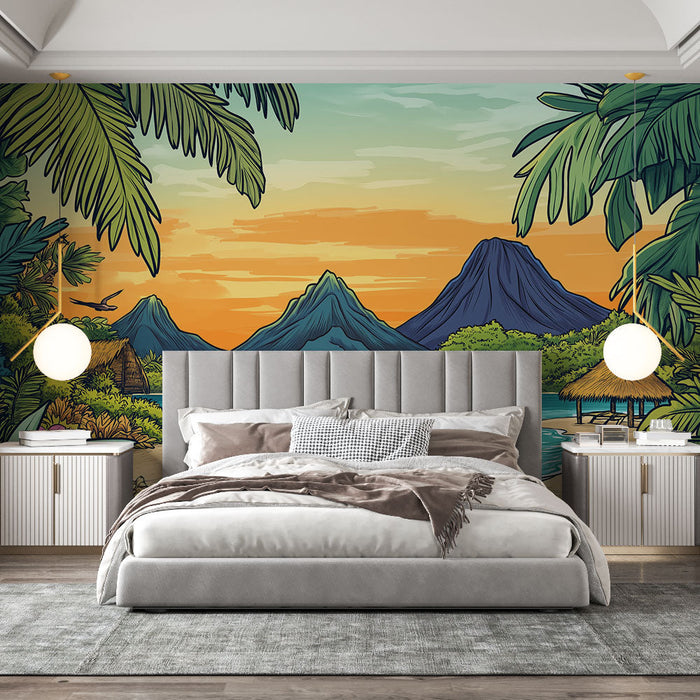 Papel pintado paisaje tropical | Playa paradisíaca y montañas majestuosas