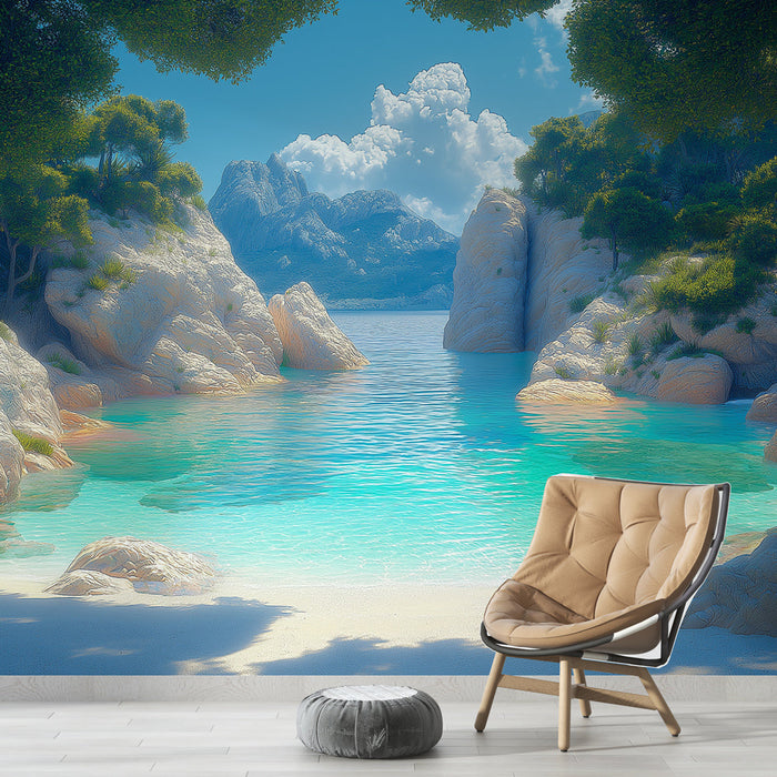 Fototapet tropikal manzara | Turkuaz su ve kayalarla huzurlu plaj