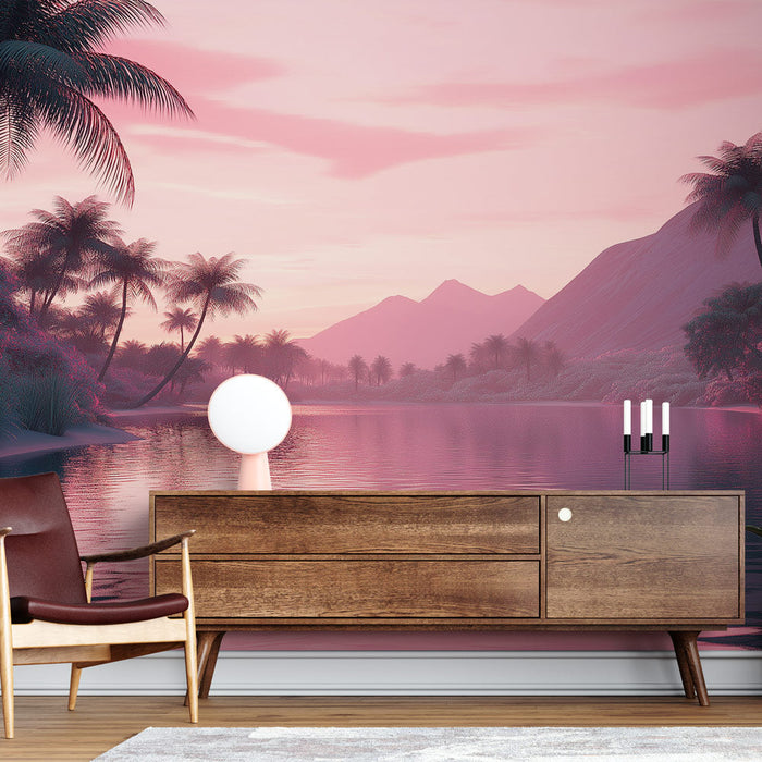 Papel pintado paisaje tropical | Río tranquilo rodeado de palmeras bajo un cielo rosa pastel