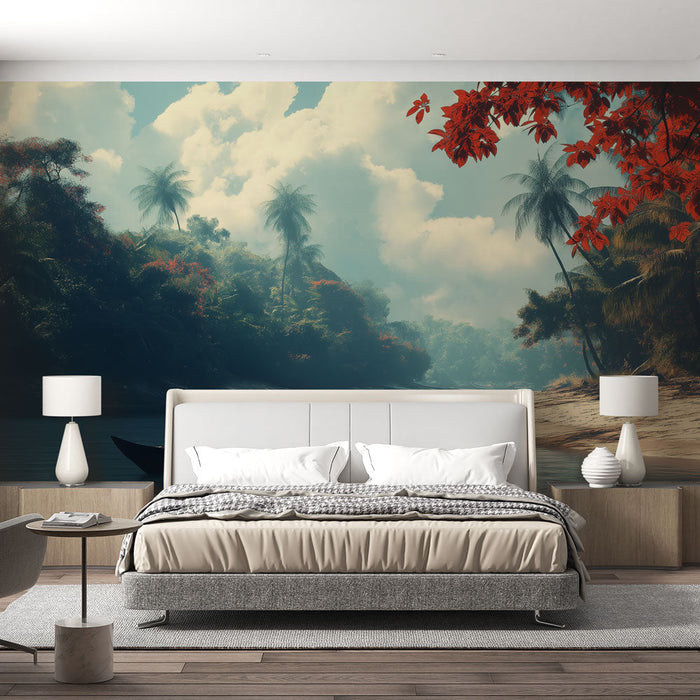 Fototapet tropikal manzara | Yemyeşil bitki örtüsüyle çevrili sakin nehir