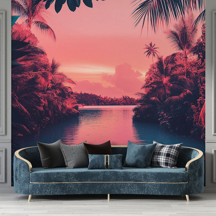 Tapete tropische Landschaft | Friedlicher Fluss umgeben von Palmen und lebhaften Farben
