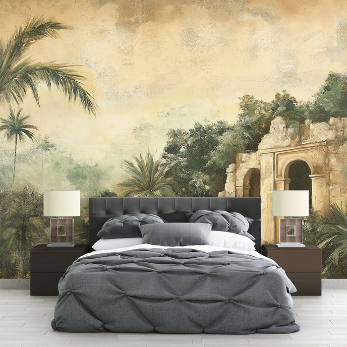 Tapetti trooppinen maisema | Muinaiset rauniot vehreiden palmupuiden ympäröimänä