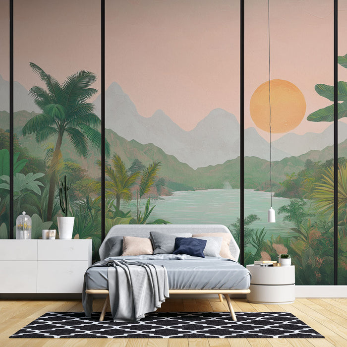 Papel pintado paisaje tropical | Escena de jungla con tranquilo atardecer