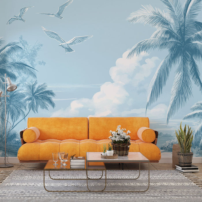 Fototapet tropisk landskab | Fredfyldt scene med palmetræer og fugle i flugt