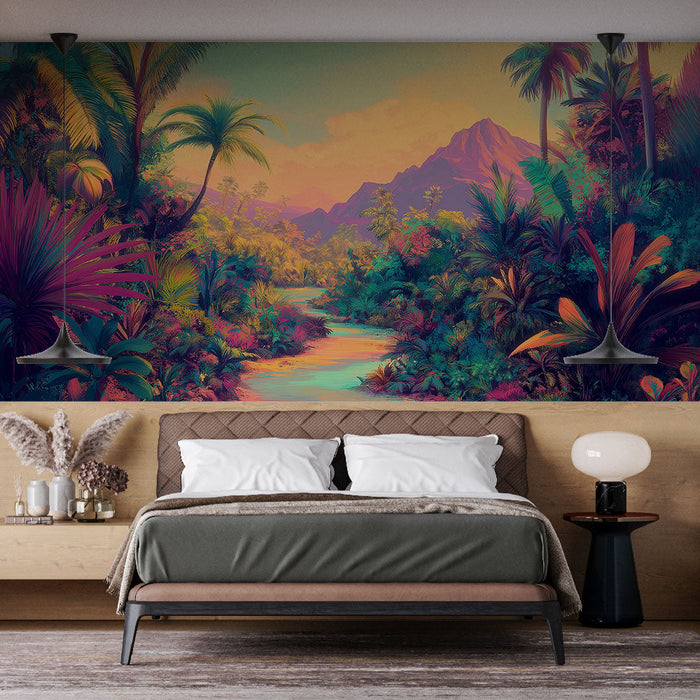 Tapet peisaj tropical | Scene vibrante de junglă cu munți în fundal