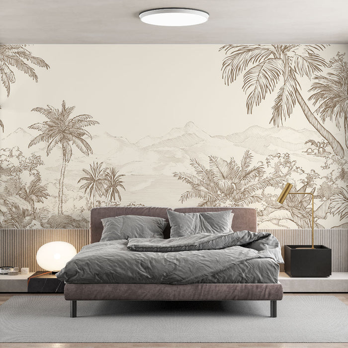 Tapet peisaj tropical | Un panoramă liniștitoare de palmieri și munți