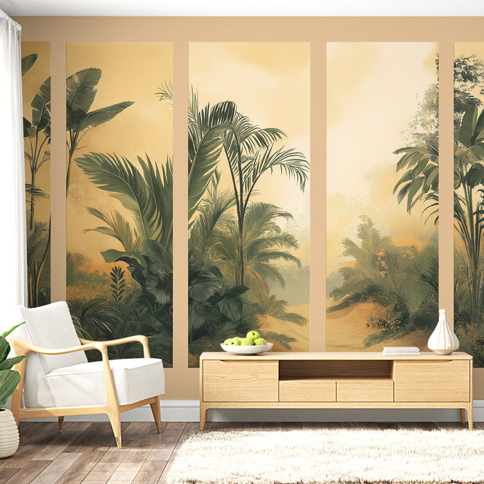 Tapeta krajobraz tropikalny | Bujna dżungla w złotych i zielonych tonacjach