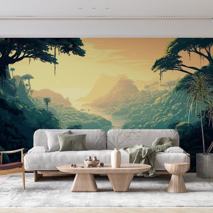 Tapeta tropikalny krajobraz | Kojący widok bujnej dżungli o zachodzie słońca