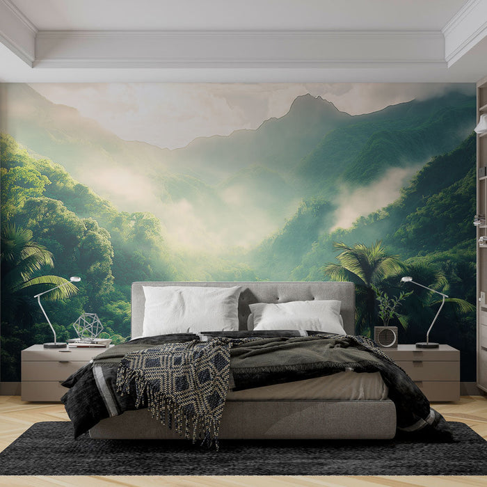 Papel de parede paisagem tropical | Vista espetacular de um vale exuberante com palmeiras