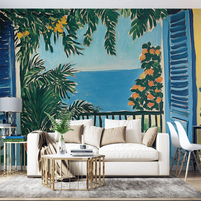 Tapeta tropická krajina | Výhled na moře s palmami a květinami