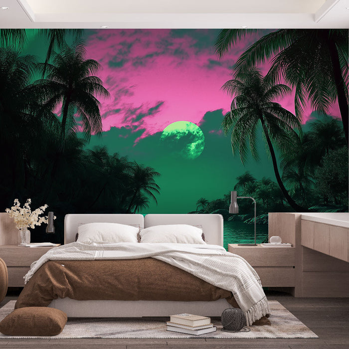 Fotótapé trópusi tájkép | Éjszakai kilátás pálmafákkal és ragyogó holdfényvel