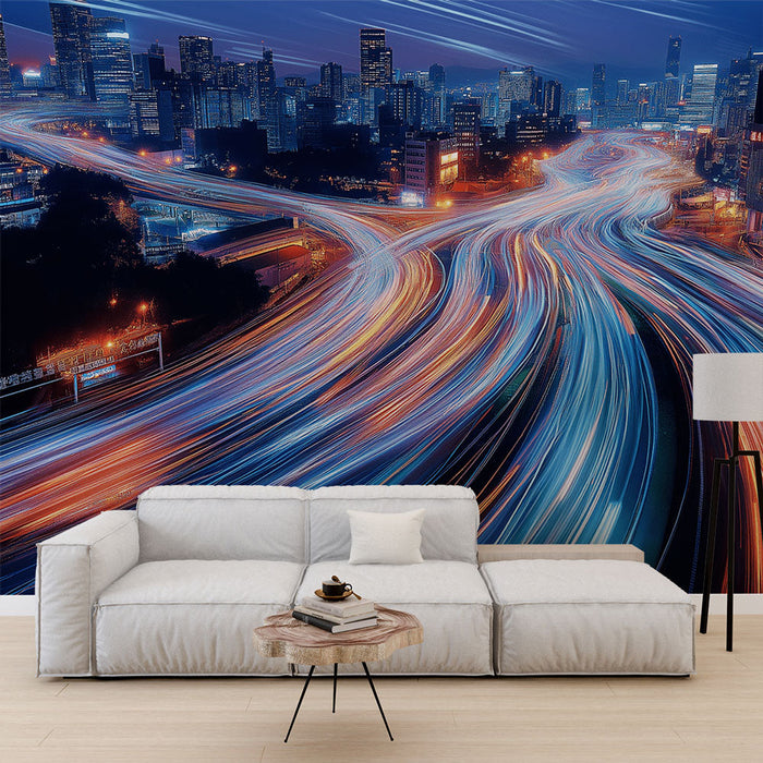 Tapetti kaupunkimaisemagrafiikka | Kirkkaat valot ja vilkas tieverkosto
