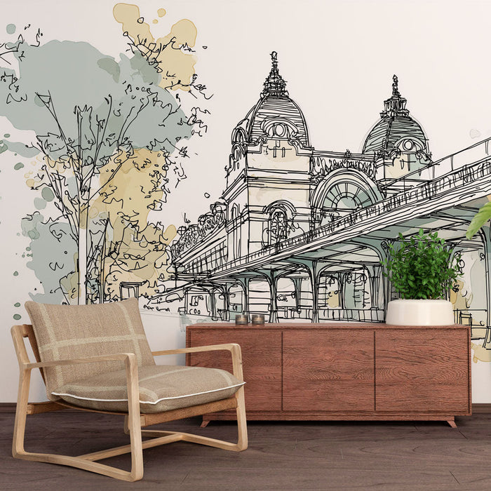 Fototapet bylandskap | Delikat illustrasjon av en togstasjon med akvarellpreg