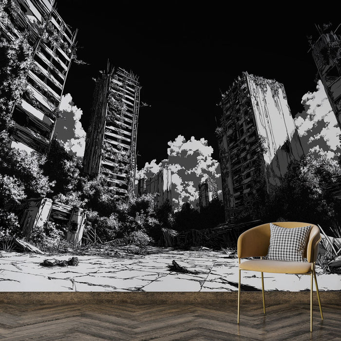 Fototapet şehir sonrası apokaliptik manzara | Yoğun bitki örtüsüyle çevrili harabeler