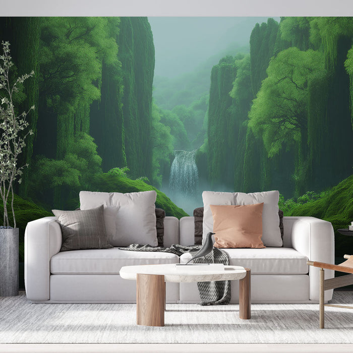 Carta da parati paesaggio rigoglioso | Valle rigogliosa con cascata rilassante