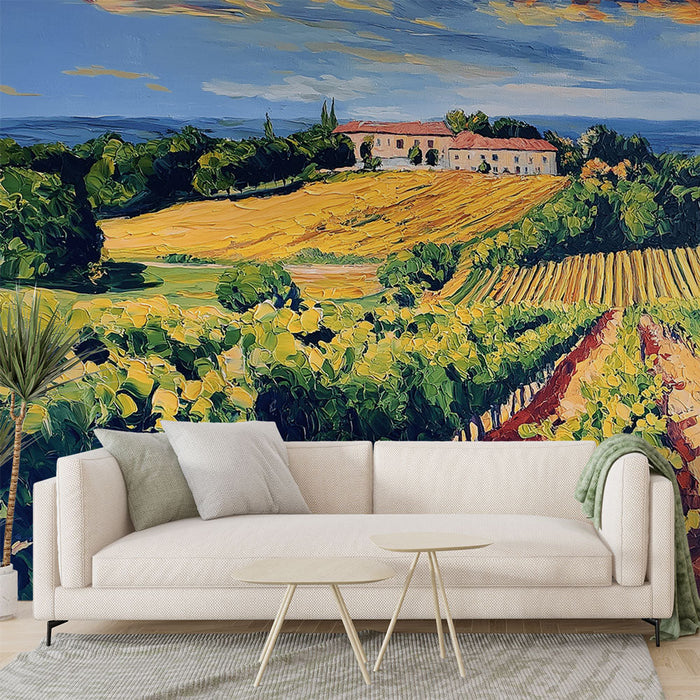Seinamaalingu tapeet viinamarjaistanduse maastik | Päikeselised viinamarjaistandused dramaatilise taeva all