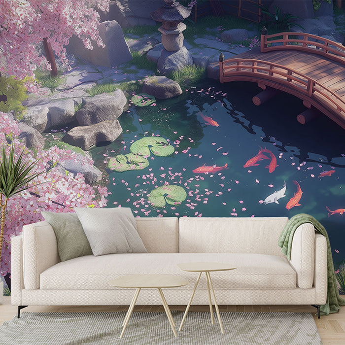Japanese landscape with flowering cherry trees and colorful koi | Tapete peyzaj zen | Японски пейзаж с цъфтящи череши и шарени кой риби