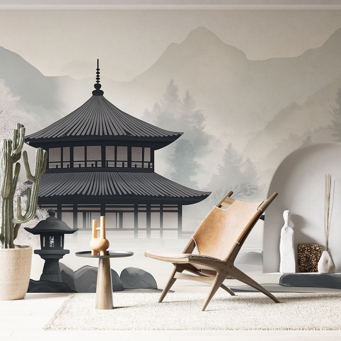 Tapete τοπίο zen | Ασιατικός ναός σε μια μαλακή και ειρηνική ομίχλη