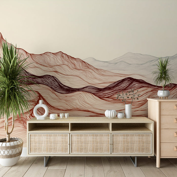 Fototapet abstrakta landskap | Flytande linjer bergsstil i röda och beige toner