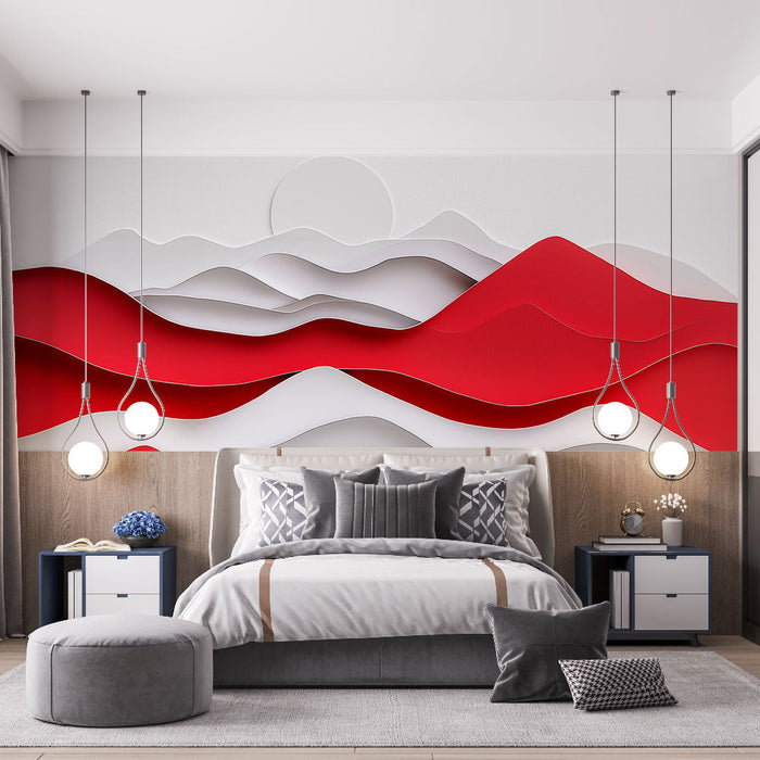 Ταπετσαρία τοιχογραφίας αφηρημένων τοπίων | Στιλιζαρισμένα κόκκινα και λευκά κύματα