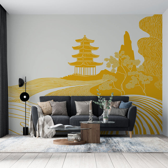 Tapete с азиатски пейзажи | Елегантни пагоди и стилизирани вълни в жълто