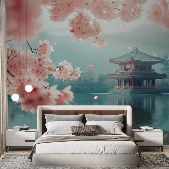 Fototapet Asiatiske landskaber | Stille pavillon ved vandet omgivet af kirsebærblomster