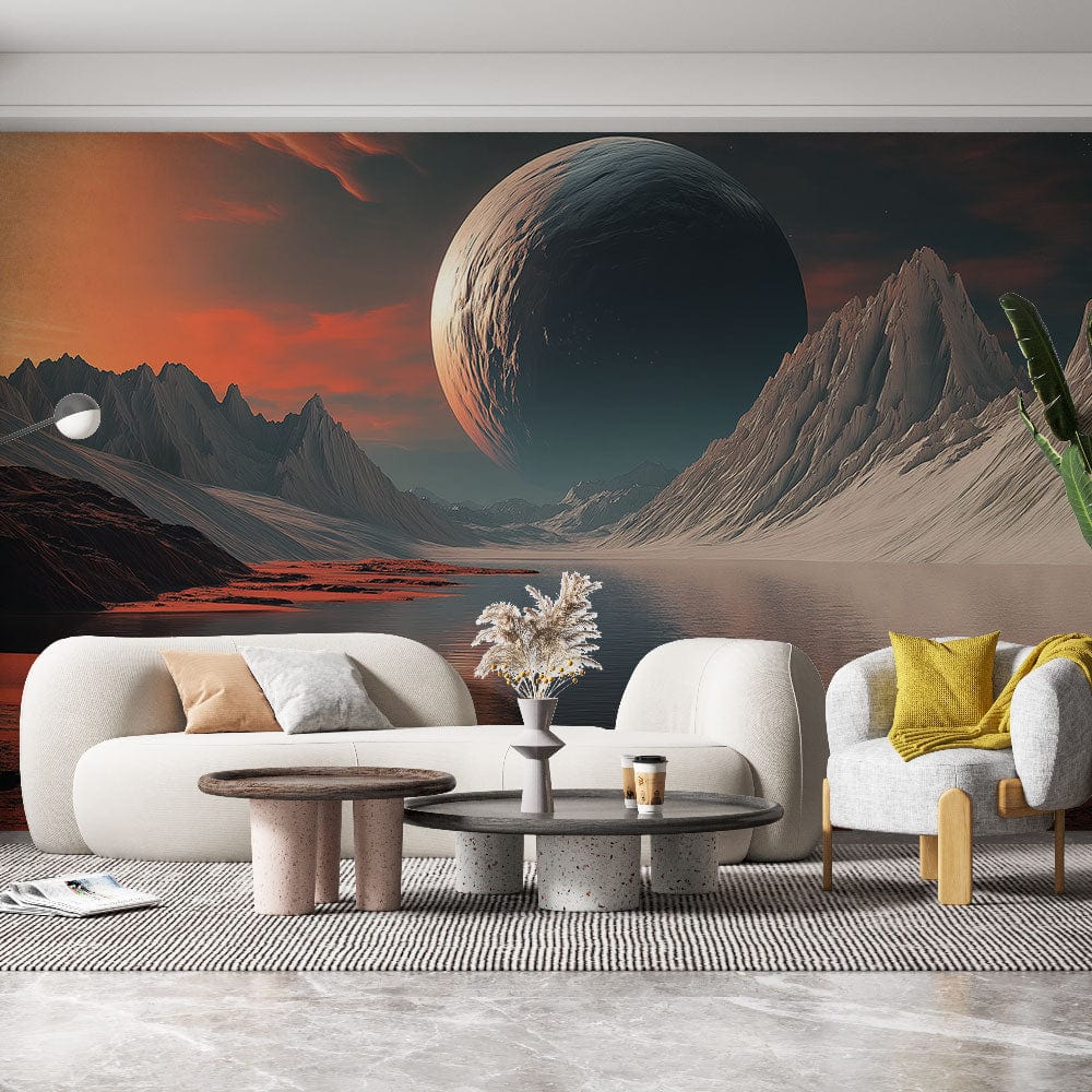 Foto Behang kosmische landschappen | Majestueuze bergen en verre plane —  WonderMural, image size:1000x1000