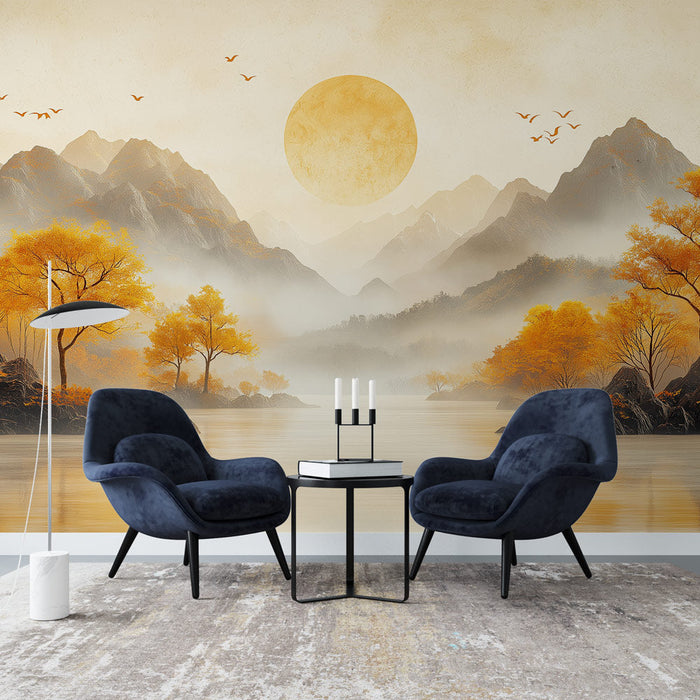 Tapeta horské krajiny | Podzimní scéna s zlatými stromy a jasným sluncem