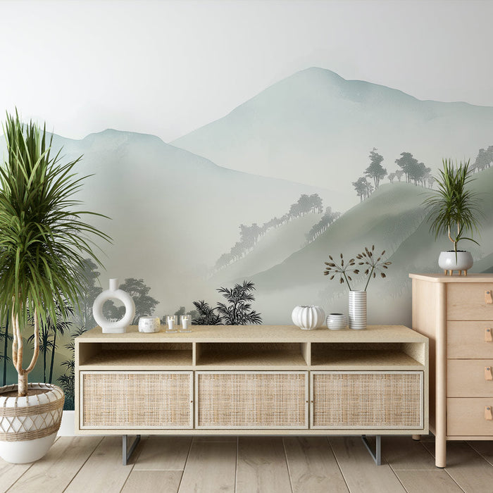 Hegyi tájkép tapéta | Nyugtató kilátás a ködös dombokról bambuszszal