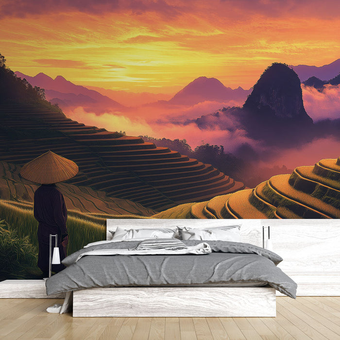 Mural Wallpaper landscapes of rice fields | Hypnotic sunset over terraced rice fields