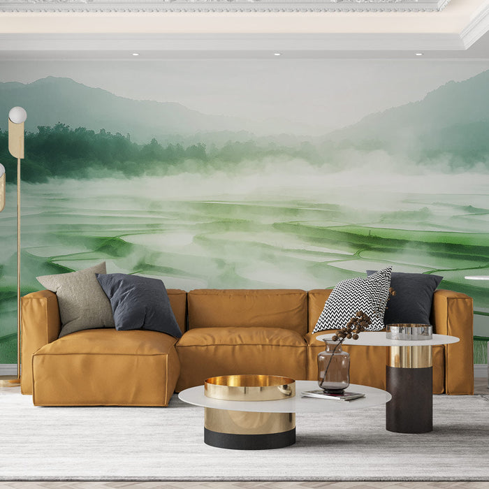 Tapete krajolici rižinih polja | Gustom zelenom rižinom polju u jutarnjoj magli