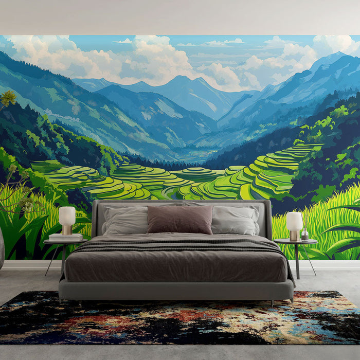 Peisaje cu câmpuri de orez Tapet | Câmpuri de orez verde luxuriant și munți în fundal