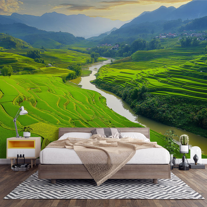 Ταπετσαρία τοπία ορυζώνων | Μια πανοραμική θέα των καταπράσινων αναβαθμίδων ορυζώνων