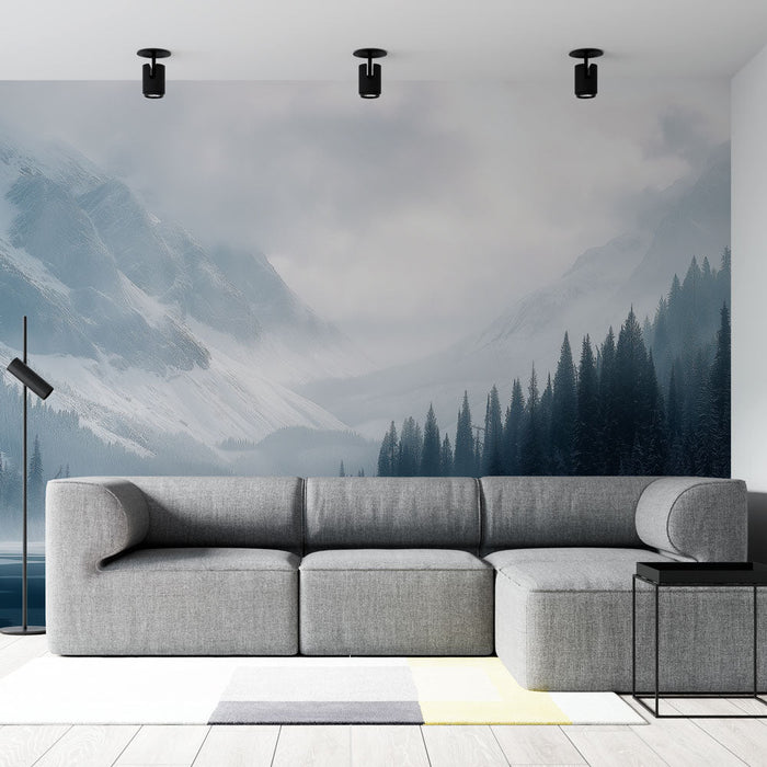 Фототапет снежни пейзажи | Величествени планини под мъгляво небе