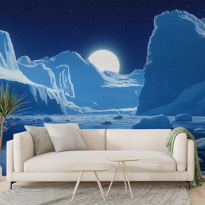 Tapeta ledeni krajolici | Ilustracija zvjezdane noći s ledenjacima i sjajnim mjesecom