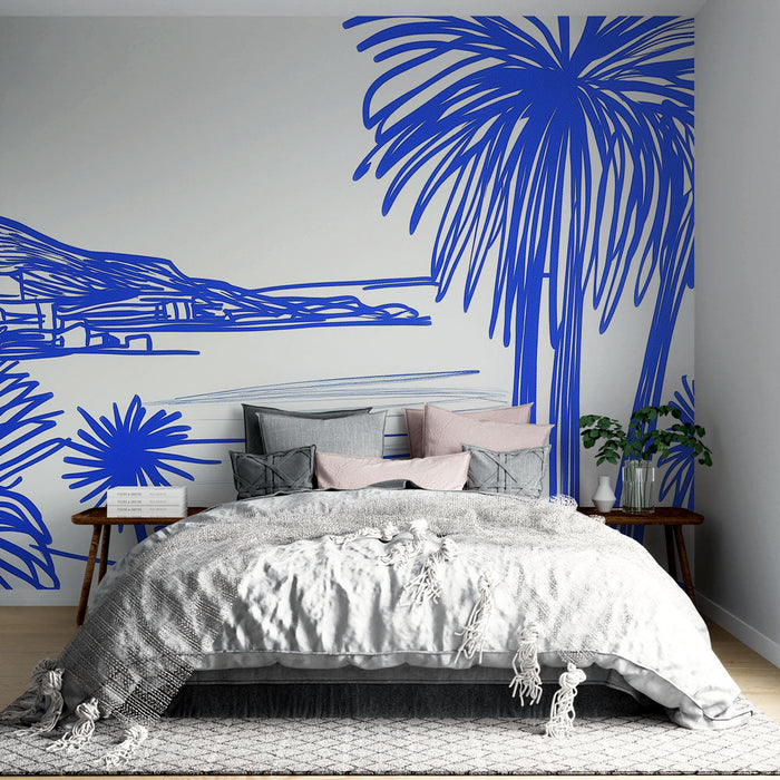 Mural Wallpaper landscapes | Blue illustrations of palm trees and seaside