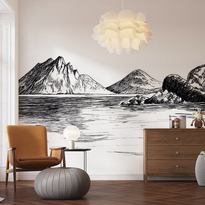 Fototapet manzaraları | Deniz kenarındaki dağların ve kayaların stilize konturları