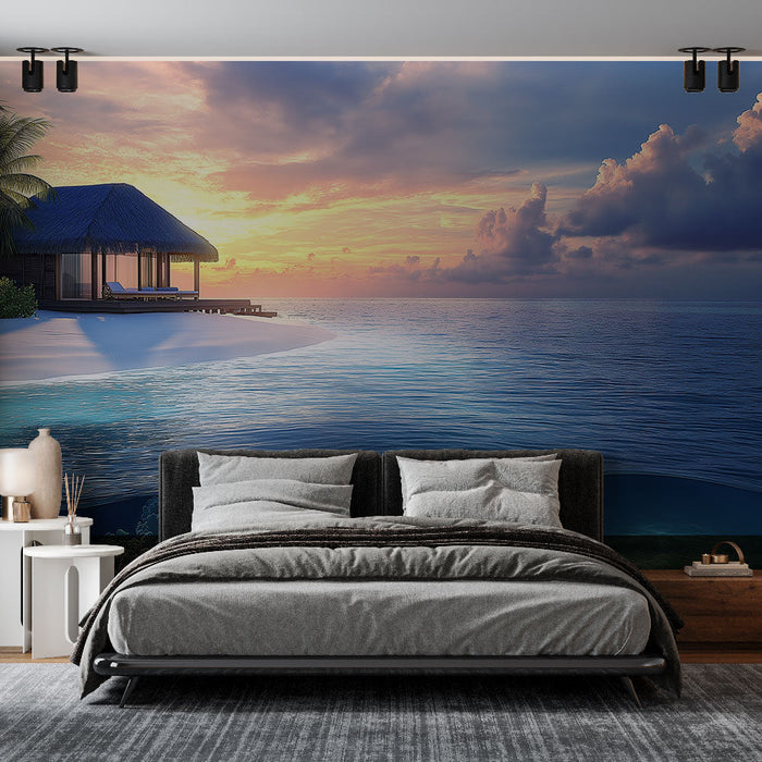 Papel de parede de paisagens marinhas | Praia paradisíaca ao pôr do sol com corais subaquáticos