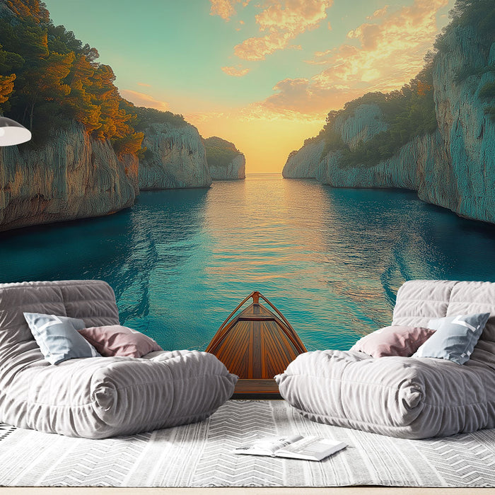 Papel pintado paisajes costeros | Una vista relajante de una cala al atardecer