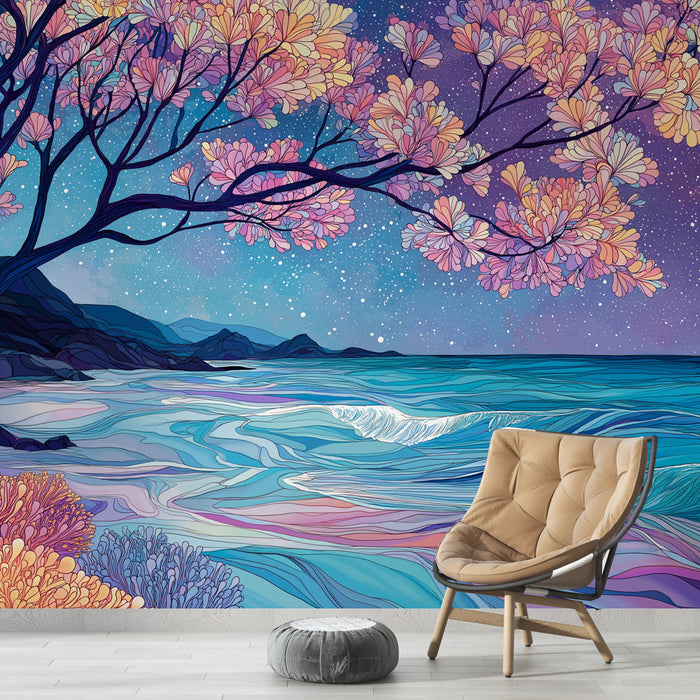 Tapetti merimaisemat | Lumoava näkymä yölliseltä rannalta kukkien ja tähtien kera