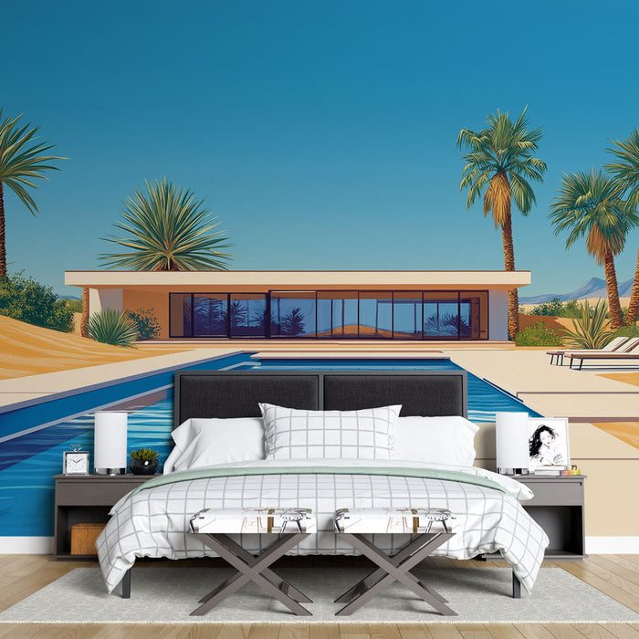 Fototapet moderna landskap | Nutida hus med pool och palmer i öknen