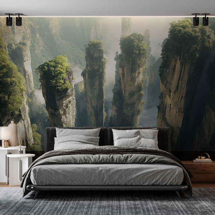 Ταπετσαρία τοιχογραφίας ορεινά τοπία | Μεγαλοπρεπείς βραχώδεις κολώνες περιτριγυρισμένες από ομίχλη και πράσινο