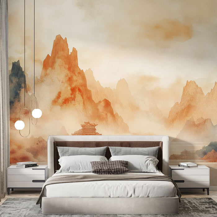 Ταπετσαρία τοπίου βουνού | Ορεινό τοπίο με ομίχλη σε ζεστές αποχρώσεις