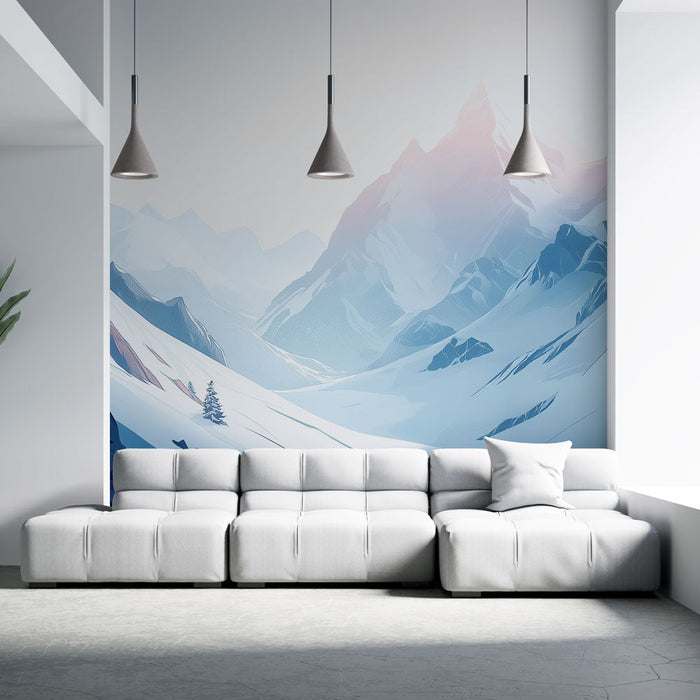 Foto Behang bergachtige landschappen | Besneeuwde bergen onder een rustgevende hemel