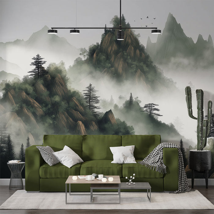 Berglandschaft Tapete | Nebelige Bergszenen mit üppigen Wäldern