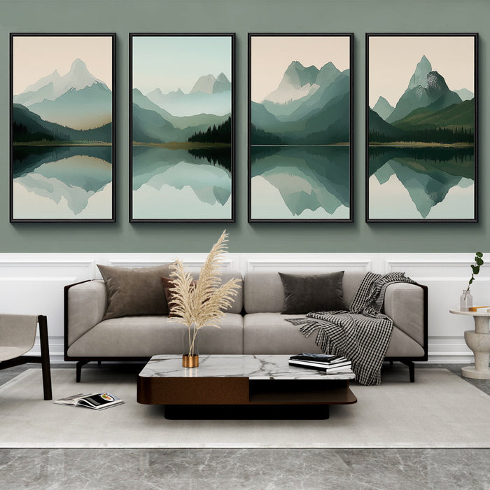 Papel de parede Paisagens montanhosas | Série de ilustrações de montanhas e reflexos em um lago tranquilo