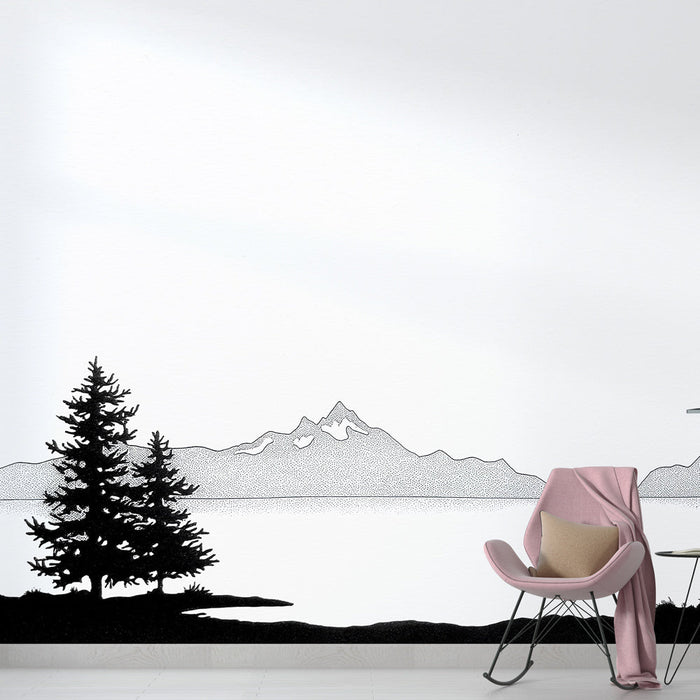 Tapeta górzyste krajobrazy | Sylwetki drzew i gór w czarnym zarysie na białym tle