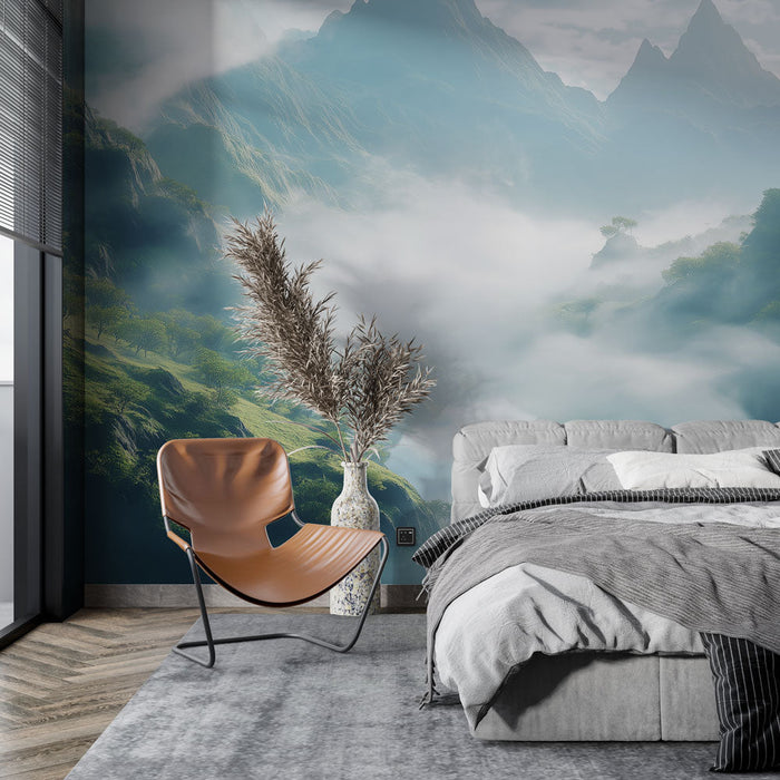 Papel de parede de paisagens montanhosas | Vale enevoado com rios e vegetação exuberante