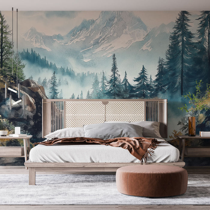 Mural Wallpaper natural landscapes | Waterfalls and surrounding mountains in watercolor